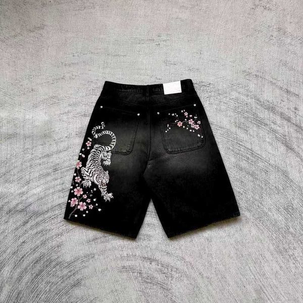 Black Washed Denim Shorts - Tiger/Sakura Embroidery