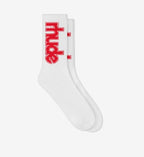 White Crew Socks with Red Logo