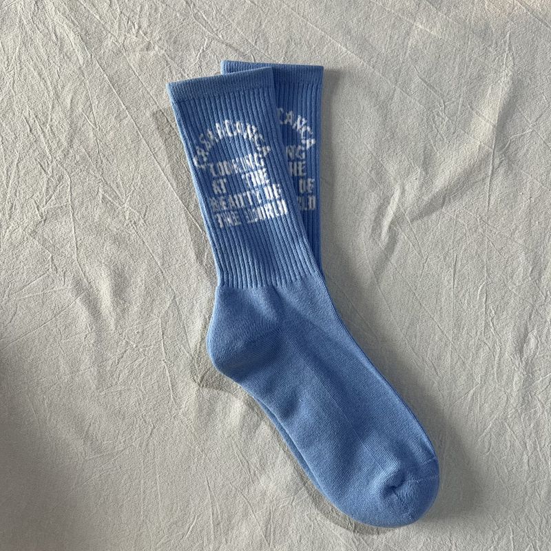 Blue Crew Socks with White Letter Print