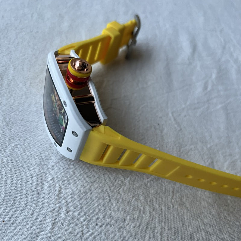 Colorful Dial Watch with Yellow Rubber Strap