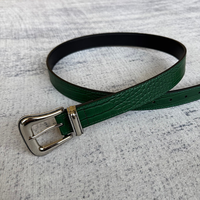 Unknown Brand Crocodile-Embossed Belt - Green