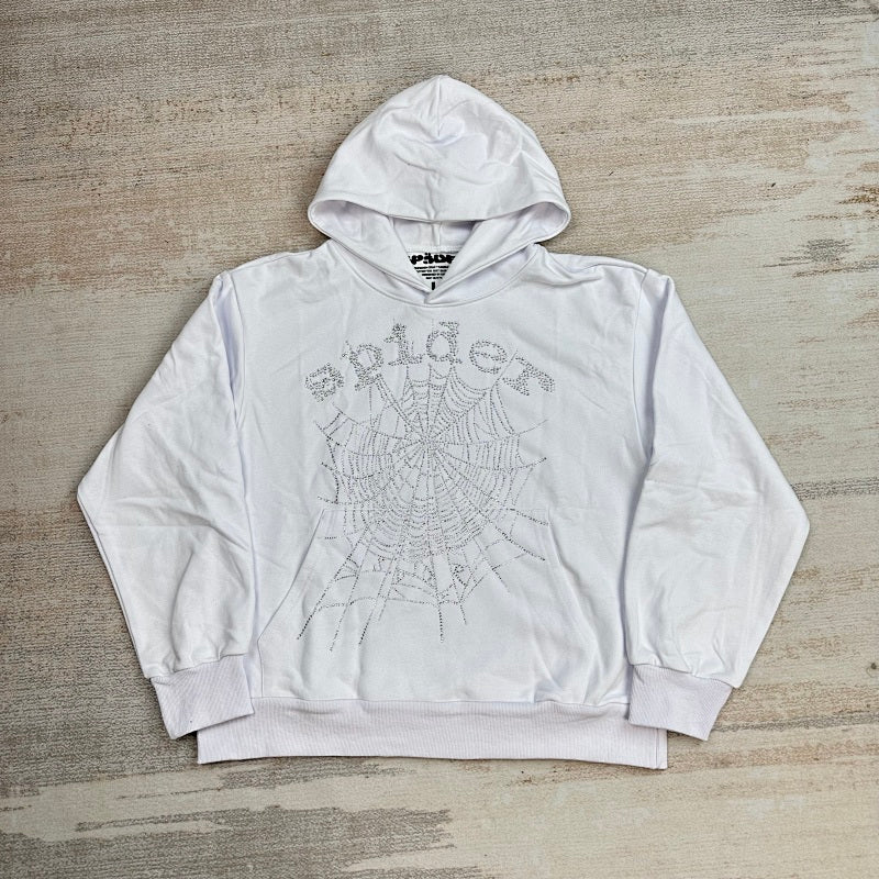 Sp5Der Rhinestone Logo Hoodie White