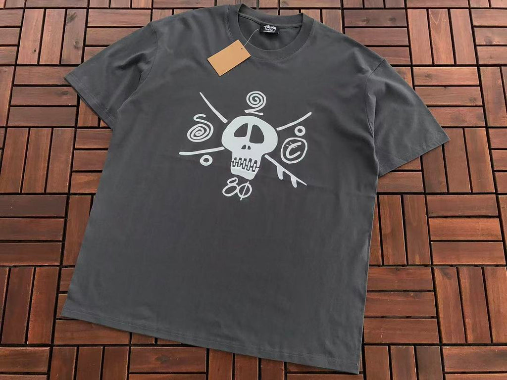 Grey Skull Graphic Stussy T-Shirt