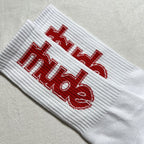 White Crew Socks with Red Logo