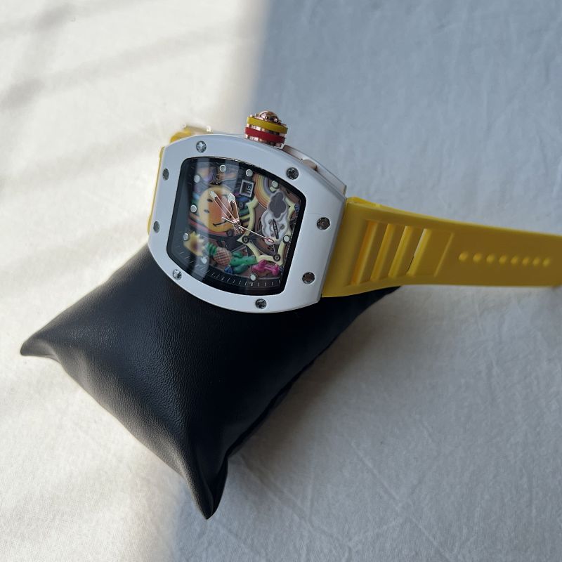 Colorful Dial Watch with Yellow Rubber Strap