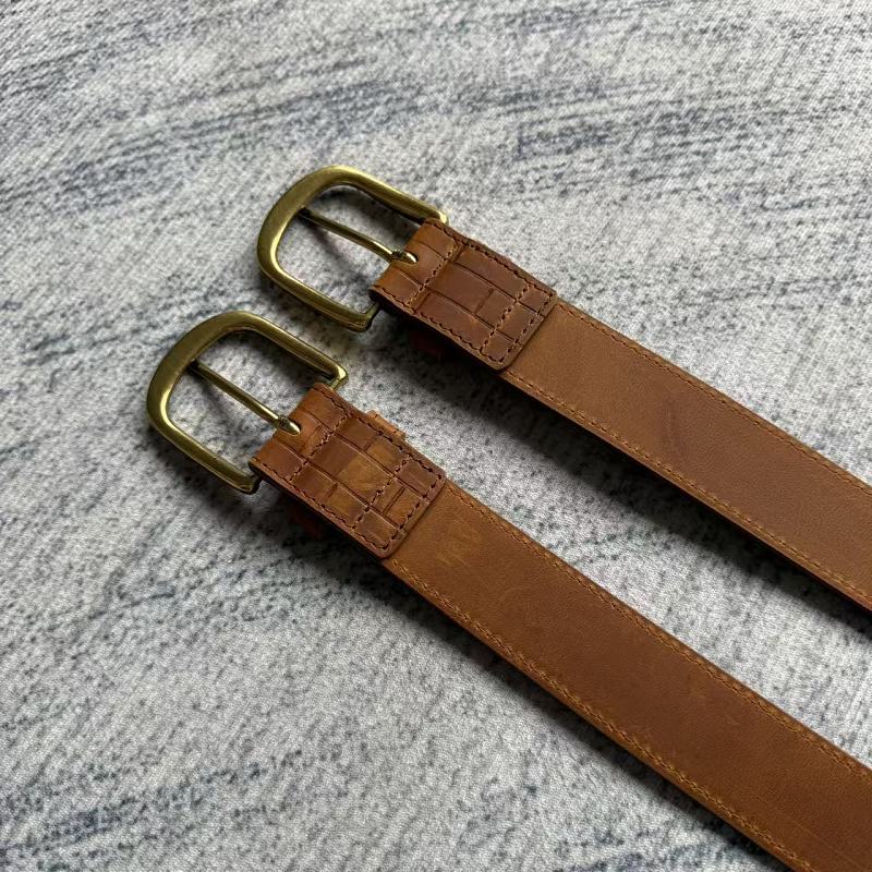 Unknown Brand Brick-Embossed Leather Belt - Tan/Cognac