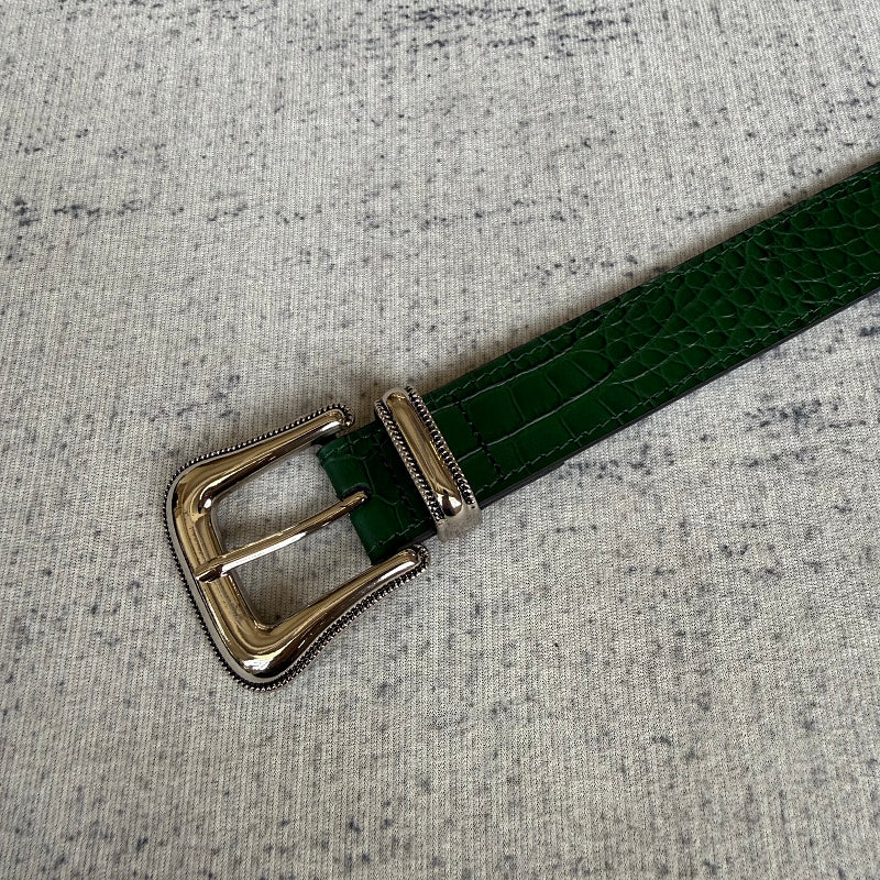 Unknown Brand Crocodile-Embossed Belt - Green