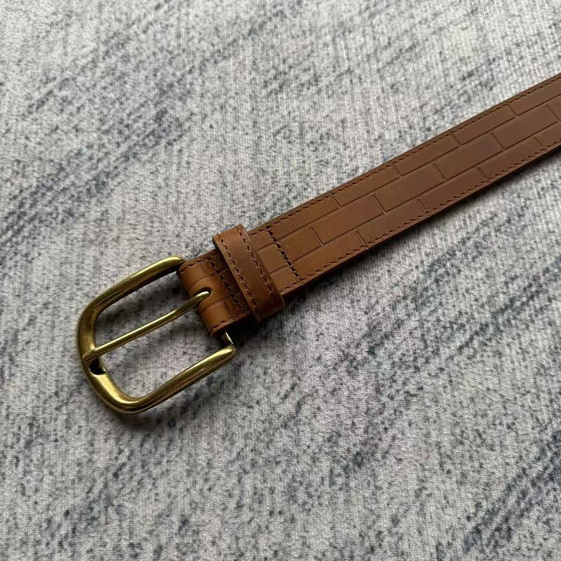 Unknown Brand Brick-Embossed Leather Belt - Tan/Cognac