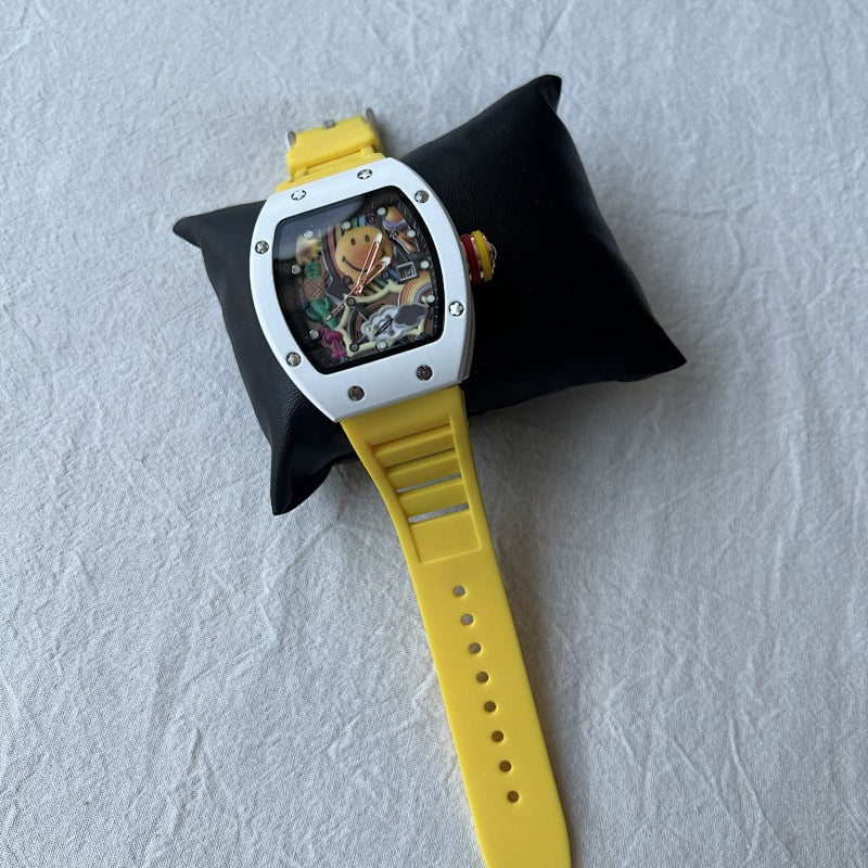 Colorful Dial Watch with Yellow Rubber Strap