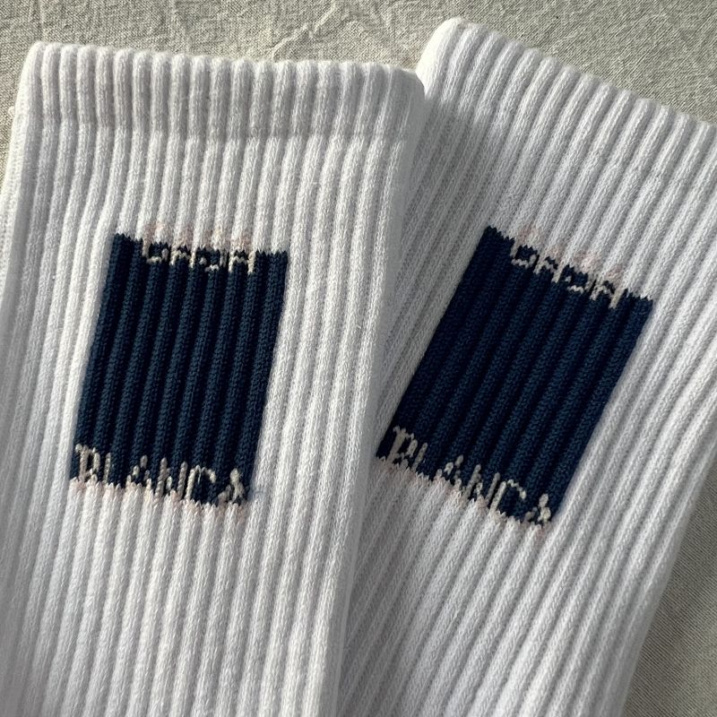 White Crew Socks with Navy Logo Patch
