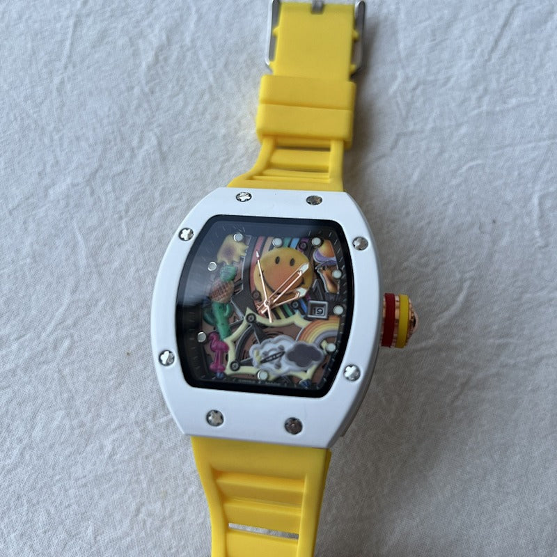 Colorful Dial Watch with Yellow Rubber Strap