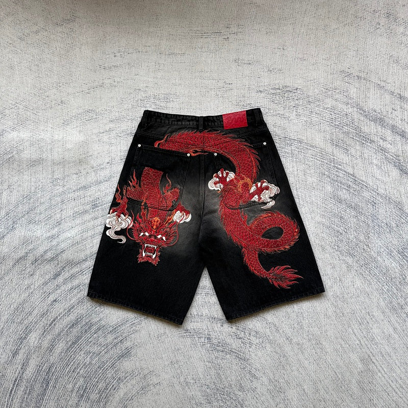 Unknown Brand Black Washed Denim Jeans - Red Dragon Embroidery
