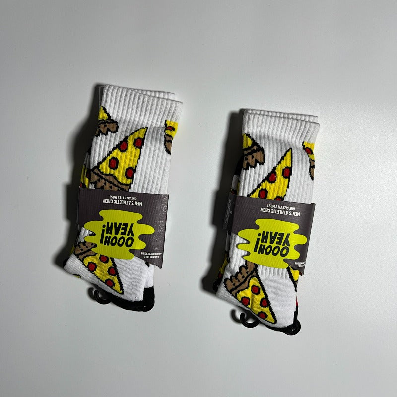 Oooh Yeah! Pizza Print Crew Socks - White/Yellow/Red