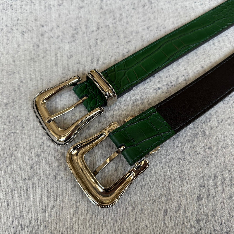 Unknown Brand Crocodile-Embossed Belt - Green