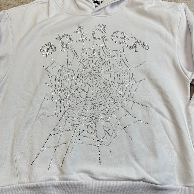 Sp5Der Rhinestone Logo Hoodie White