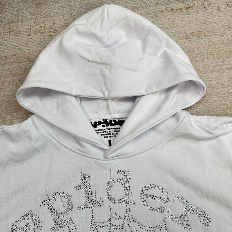 Sp5Der Rhinestone Logo Hoodie White