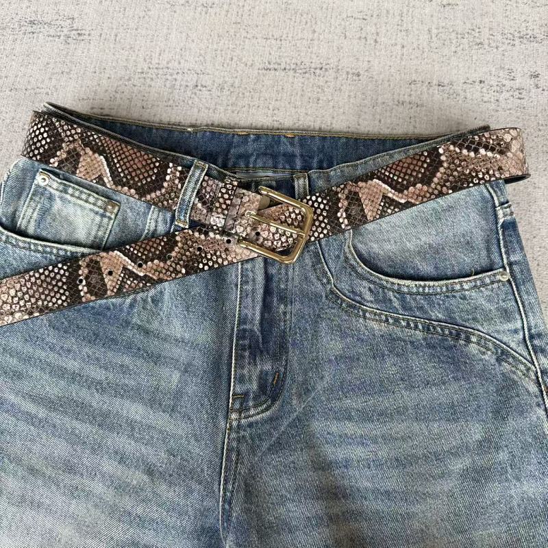 Unknown Brand Snakeskin-Embossed Belt - Taupe/Brown