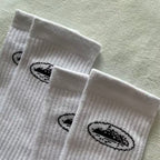 White Ribbed Crew Socks with Planet Graphic