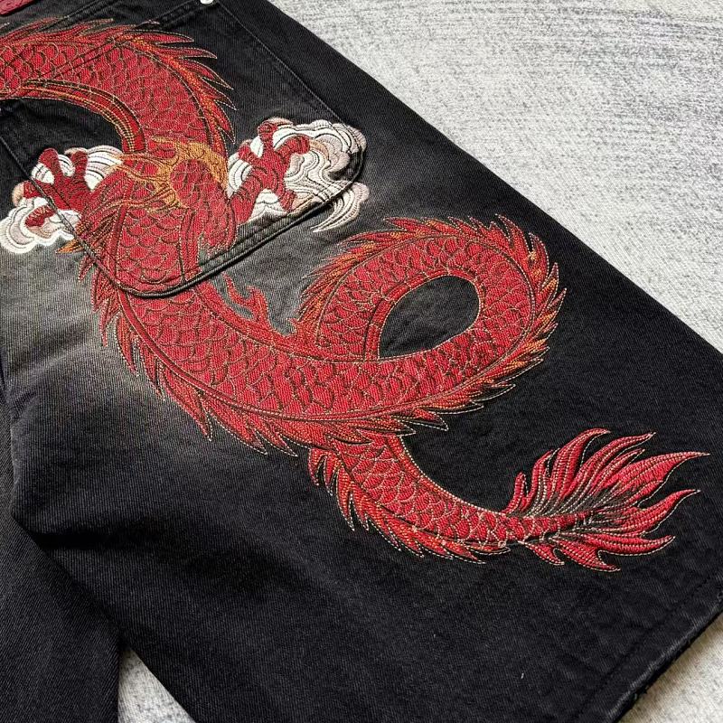 Unknown Brand Black Washed Denim Jeans - Red Dragon Embroidery