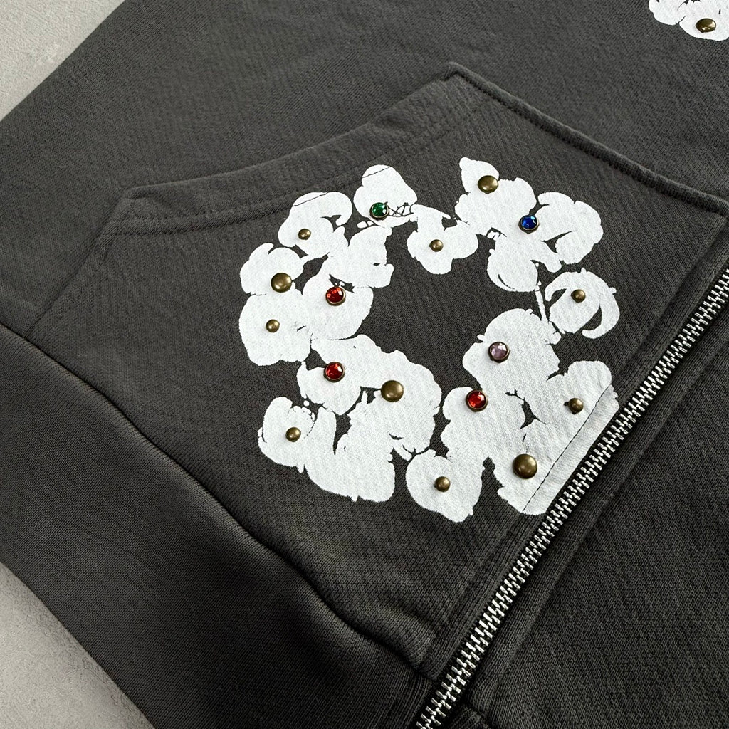 Rhinestone Cotton Wreath Zip Hoodie