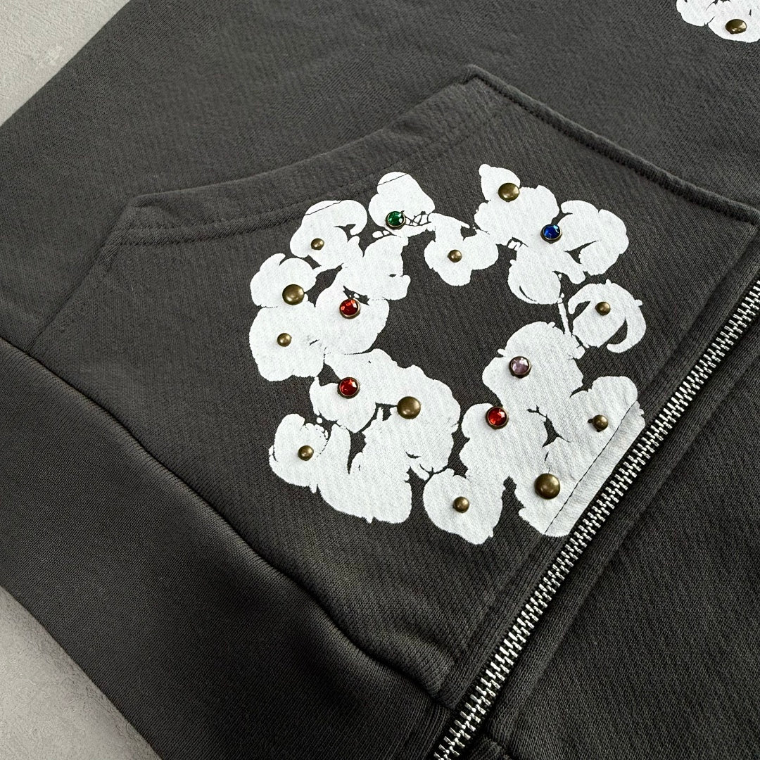 Rhinestone Cotton Wreath Zip Hoodie