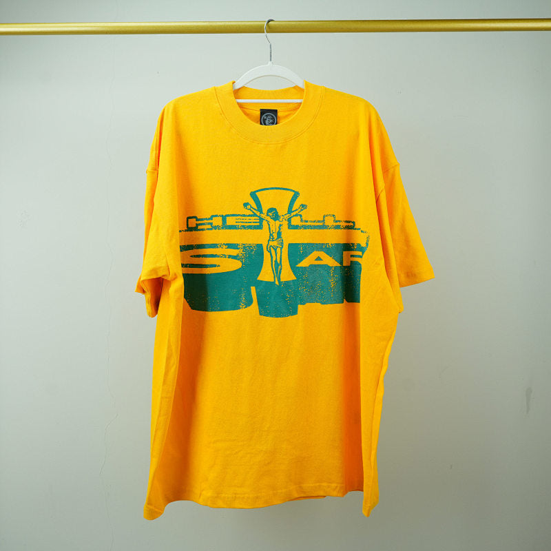 Hellstar Studios Jesus Emblem Short Sleeve Tee Shirt Yellow