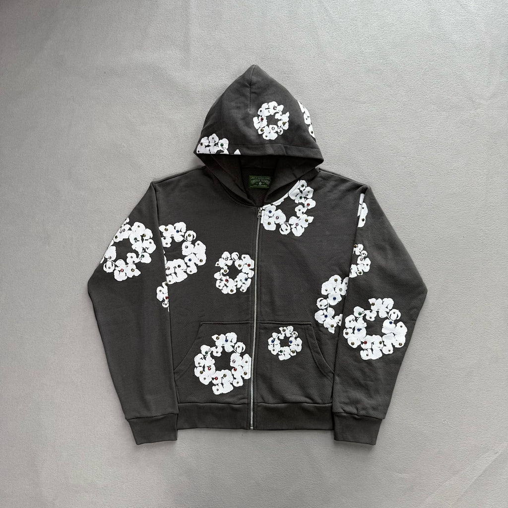 Rhinestone Cotton Wreath Zip Hoodie
