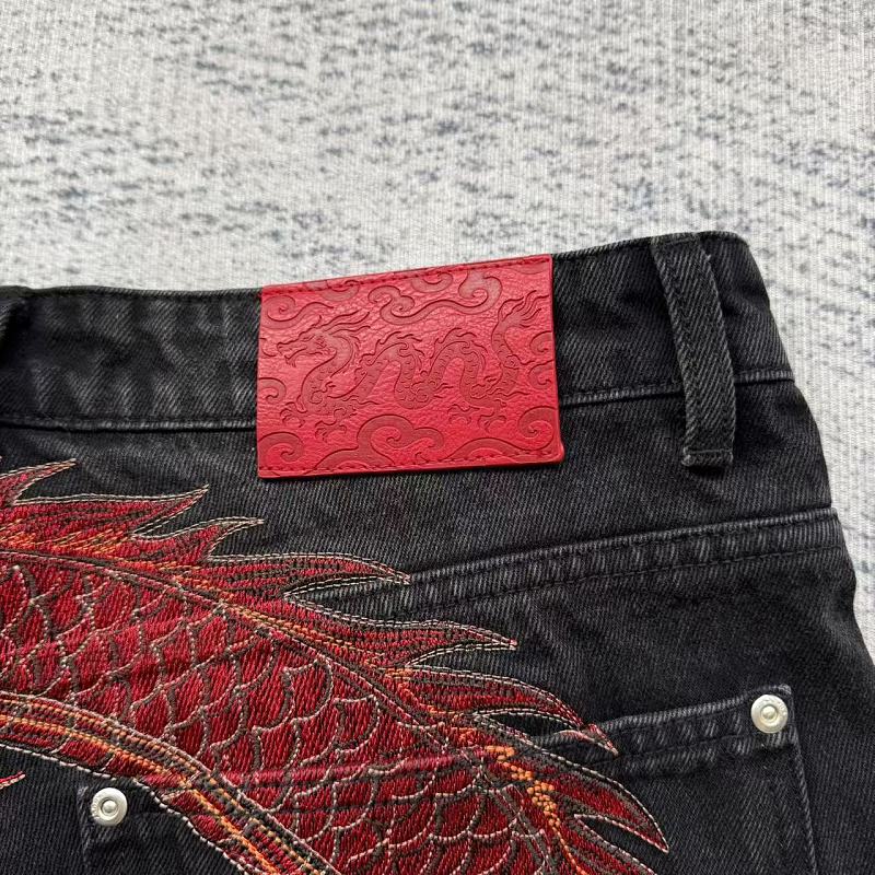 Unknown Brand Black Washed Denim Jeans - Red Dragon Embroidery