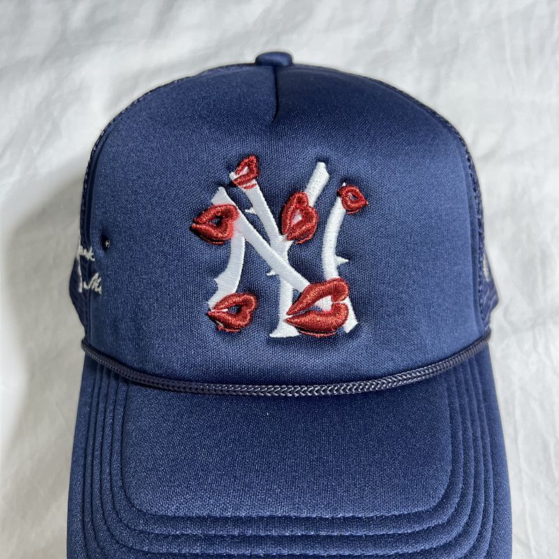 Navy Trucker Cap with NY Logo and Lips Embroidery