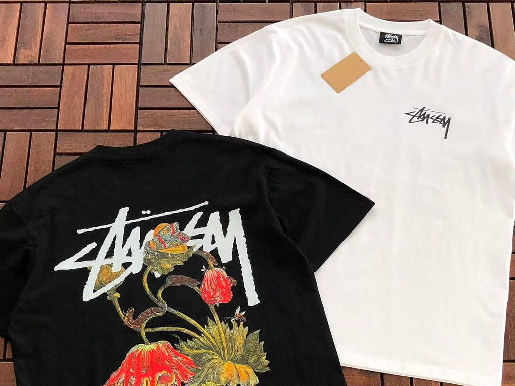 Black White Floral Graphic Stussy T-Shirt