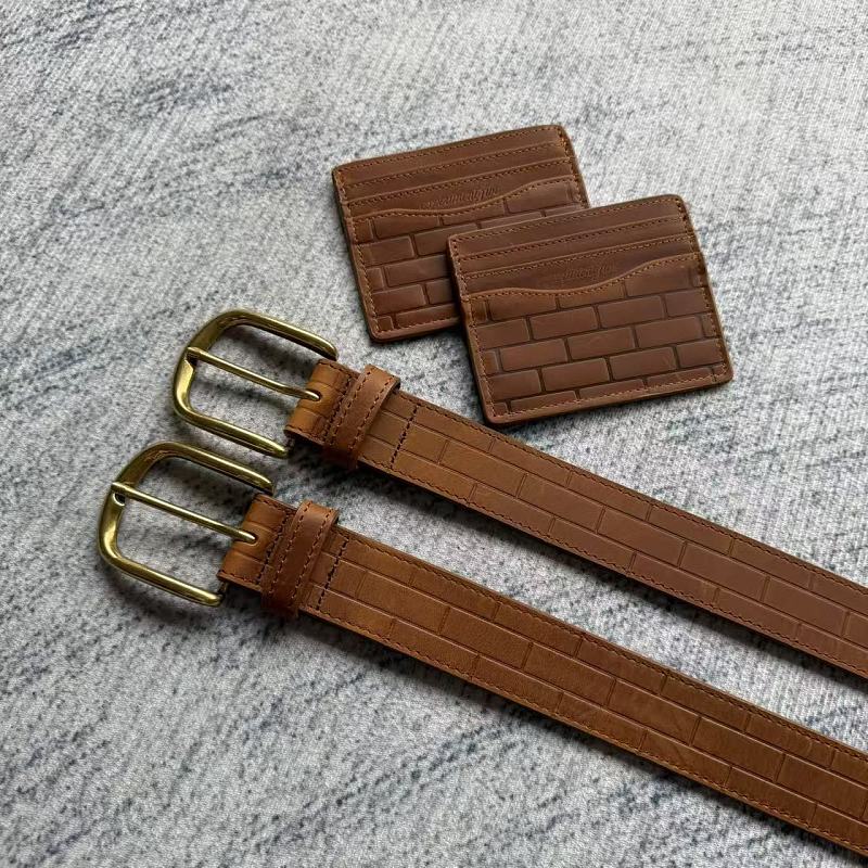 Unknown Brand Brick-Embossed Leather Belt - Tan/Cognac