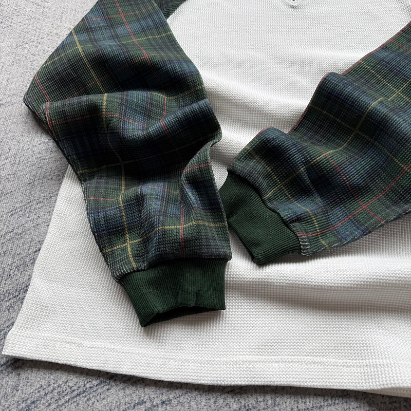 Unknown Brand Raglan Long Sleeve Thermal Shirt - White/Green Plaid