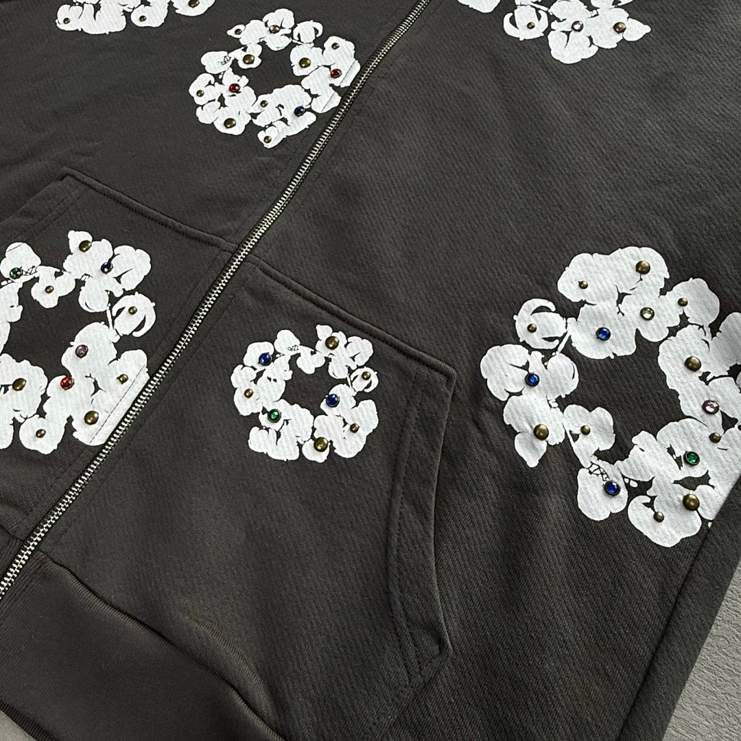 Rhinestone Cotton Wreath Zip Hoodie