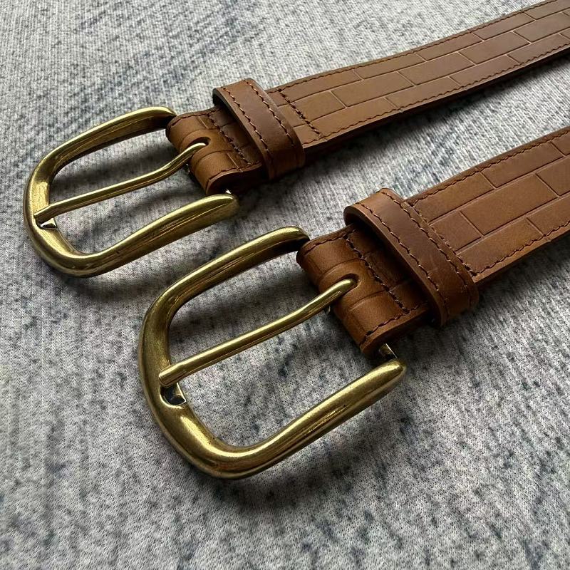 Unknown Brand Brick-Embossed Leather Belt - Tan/Cognac