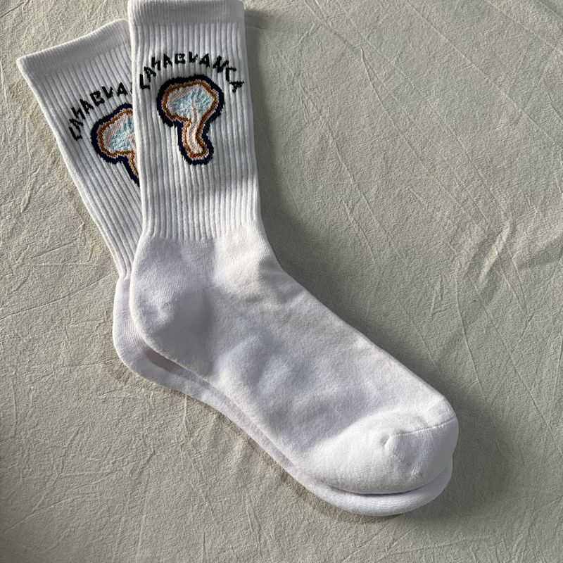 White Crew Socks with Mushroom Graphic