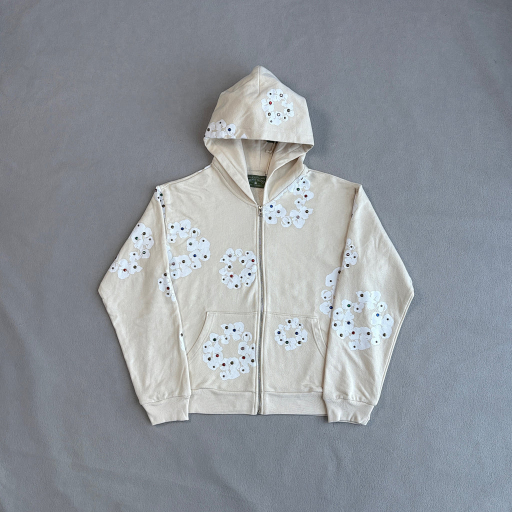 Rhinestone Cotton Wreath Zip Hoodie