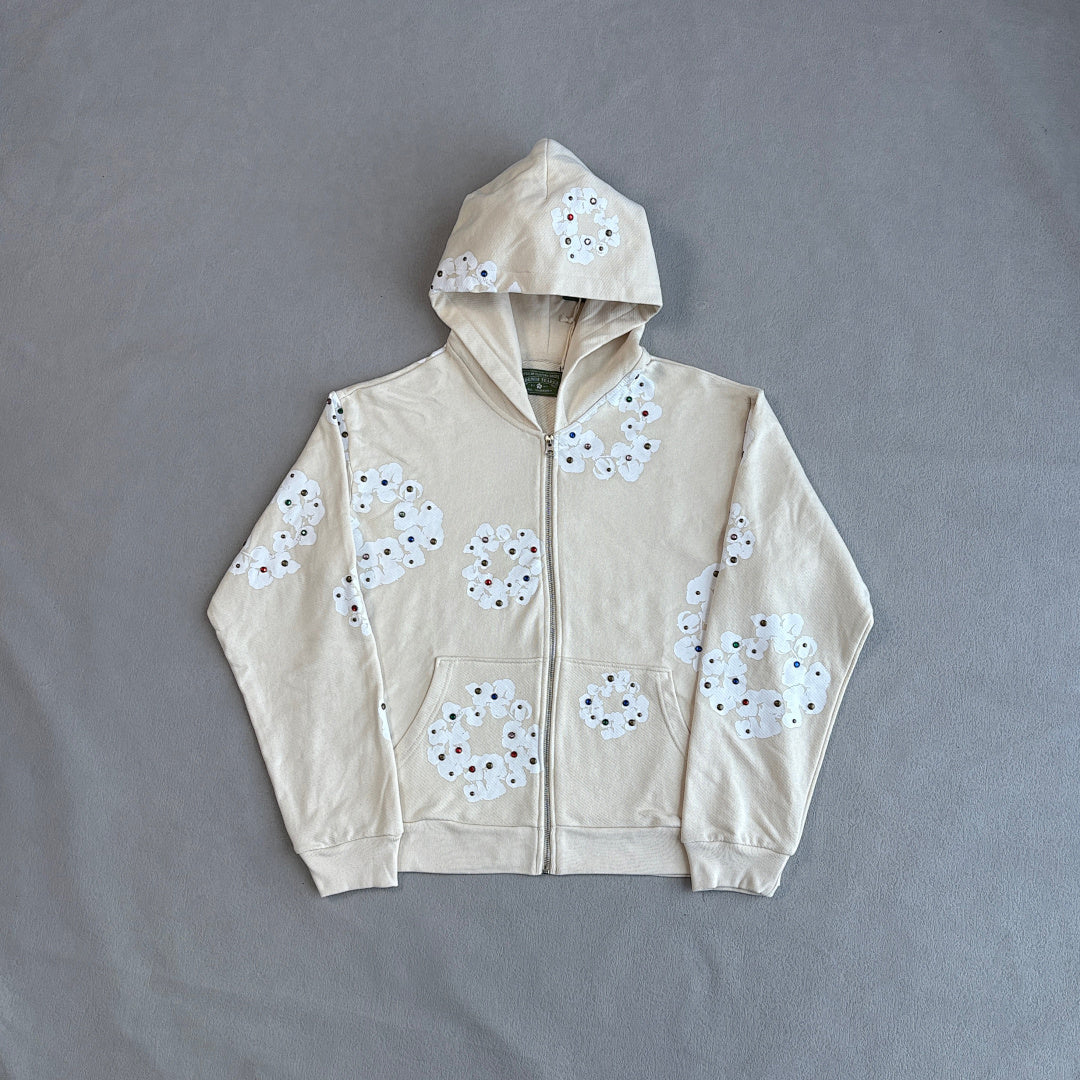 Rhinestone Cotton Wreath Zip Hoodie