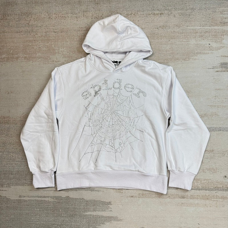 Sp5Der Rhinestone Logo Hoodie White