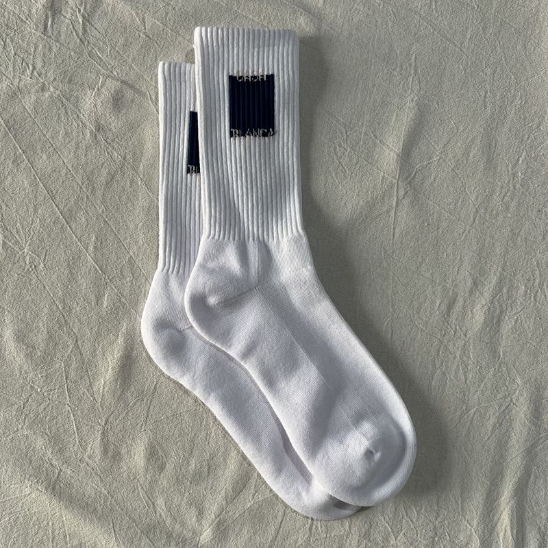 White Crew Socks with Navy Logo Patch