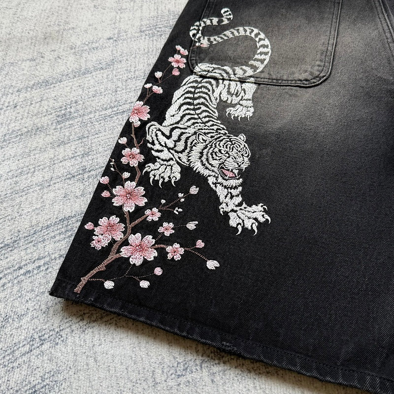 Unknown Brand Black Washed Denim Shorts - Tiger/Sakura Embroidery