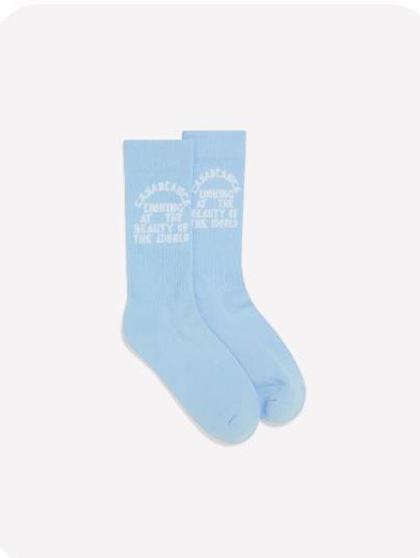 Blue Crew Socks with White Letter Print