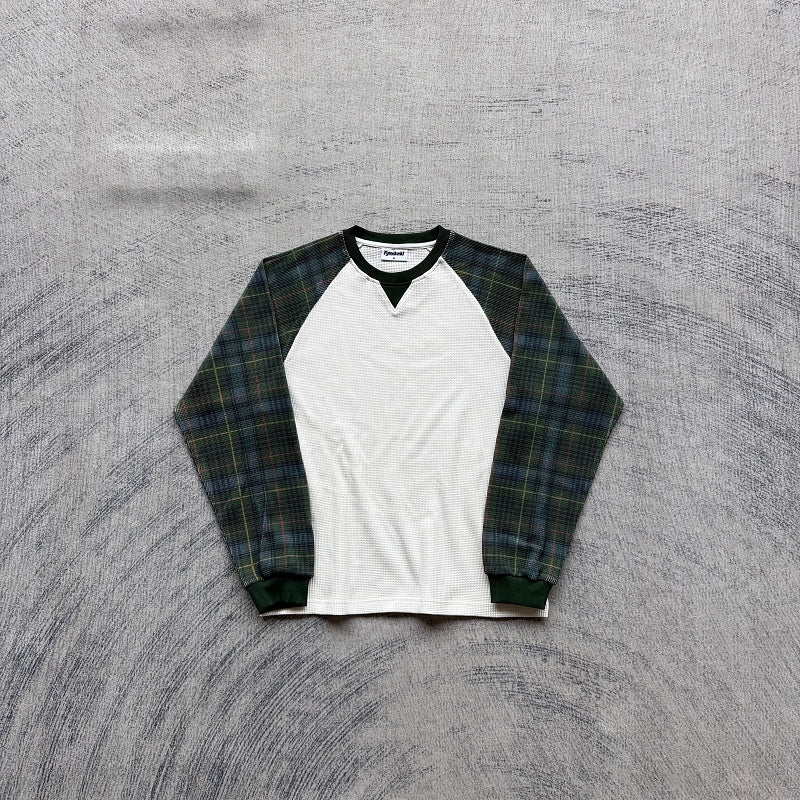Unknown Brand Raglan Long Sleeve Thermal Shirt - White/Green Plaid