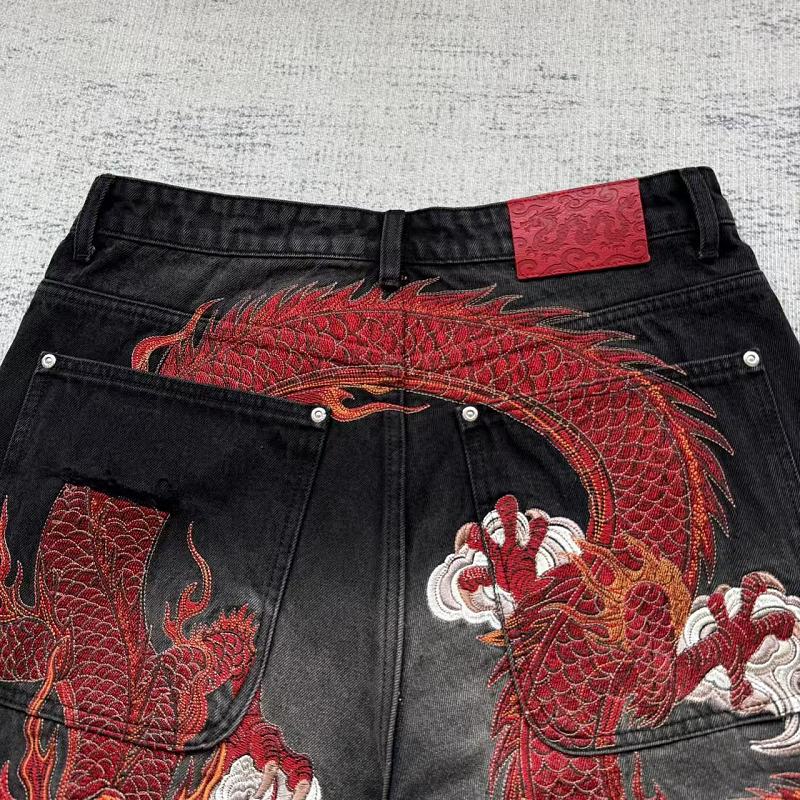 Unknown Brand Black Washed Denim Jeans - Red Dragon Embroidery