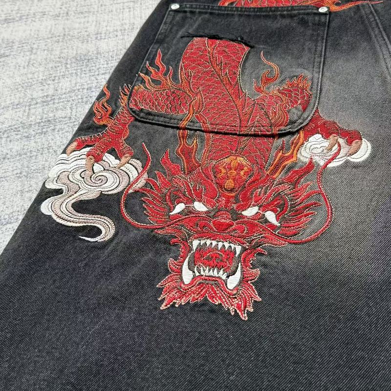 Unknown Brand Black Washed Denim Jeans - Red Dragon Embroidery