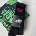 Black Crew Socks with Pink Graffiti Logo