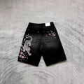 Unknown Brand Black Washed Denim Shorts - Tiger/Sakura Embroidery