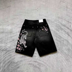 Black Washed Denim Shorts - Tiger/Sakura Embroidery