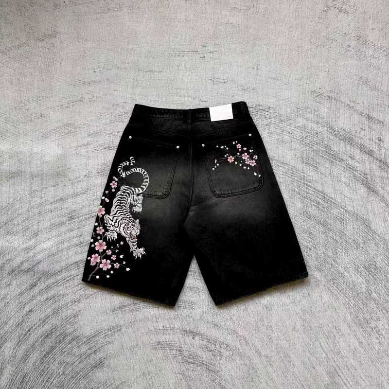 Unknown Brand Black Washed Denim Shorts - Tiger/Sakura Embroidery