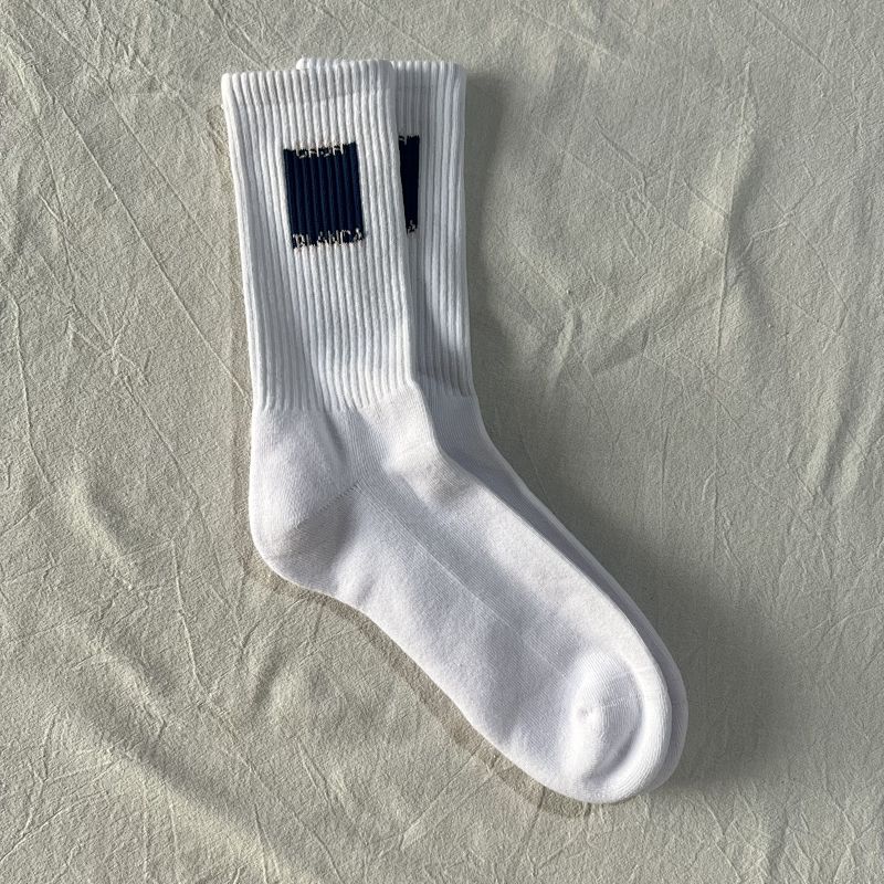 White Crew Socks with Navy Logo Patch