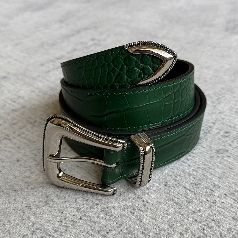 Unknown Brand Crocodile-Embossed Belt - Green
